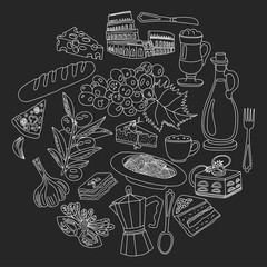 Vector doodle set for italian menu. Food Travel Cuisine Restaraunt Journey
