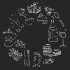 Vector doodle set for italian menu. Food Travel Cuisine Restaraunt Journey