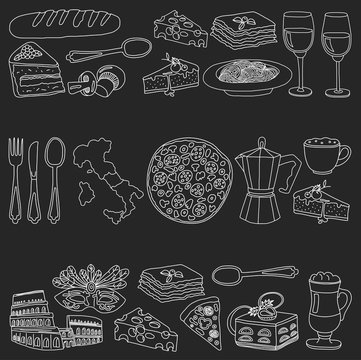 Vector doodle set for italian menu. Food Travel Cuisine Restaraunt Journey