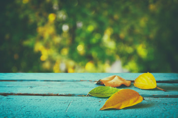 Autumn background with dry leaves on wooden table