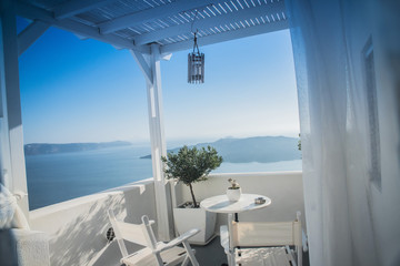white houses with beautiful street view in Greece, Santorini, Sunny day