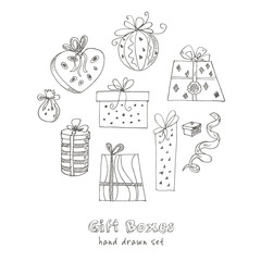 Gift boxes doodle set. Vintage illustration for identity, design