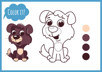 Cute little puppy. Cartoon character isolated on a white background with black outline.