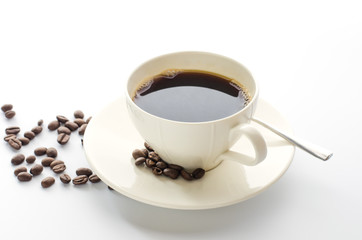 Coffee cup and beans coffee on a white background.