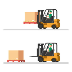 Logistics illustrations. loading trucks, forklifts and workers. Modern flat style vector illustration isolated on white background.
