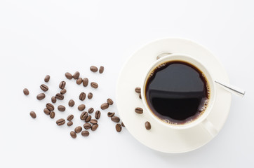 Coffee cup and beans coffee on a white background.