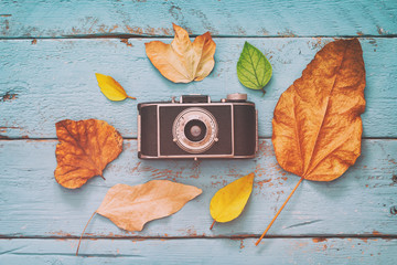 Naklejka na ściany i meble Autumn background with dry leaves and old camera