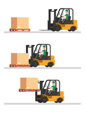 Forklift truck shipping step in warehouse, heavy carton equipment and machinery vector illustration collection set