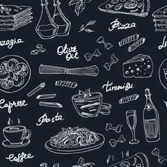 Vector hand drawn seamless pattern with italian food. Vintage illustratio