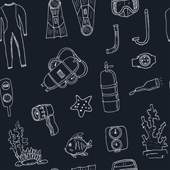 Doodle seamless pattern of diving tools Vintage illustration
