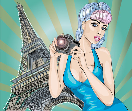 Pin-up sexy woman takes pictures on camera near Eiffel Tower in Paris