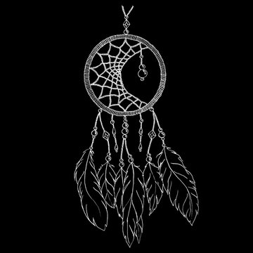 Monochrome ethnic hand made feather dream catcher vector