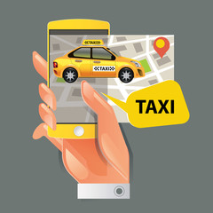 Taxi on line. Taxi sign. Taxi service on smart phone. Mobile app for booking taxi. Vector illustration. Call taxi with smart phone.