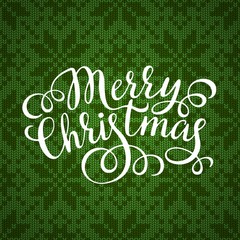 Merry Christmas hand lettering inscription on seamless knitted pattern