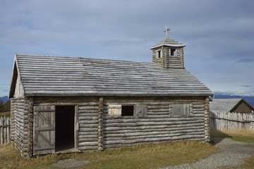 Wooden church inside the reconstructed fort of Fuerte Bulnes on the coast of the Magellan Strait in Patagonia, Chile. Originally founded in 1843.