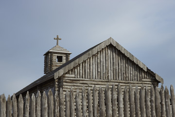 Wooden church inside the reconstructed fort of Fuerte Bulnes on the coast of the Magellan Strait in...