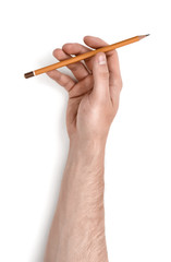 Close up view of man's hand holding pencil isolated on white background