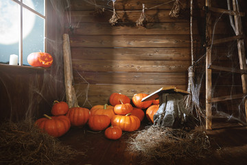 Halloween background. old wooden hut witches barn