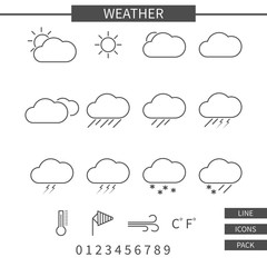 Weather line icons set. Monochrome thin line elements isolate on white background. Minimalistic lineart design. Vector illustration