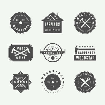 Set of vintage carpentry and mechanic labels, emblems and logo.