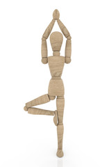 Vriksasana, Wooden mannequin in yoga Vriksasana or tree pose asana. Isolated in white background with clipping path