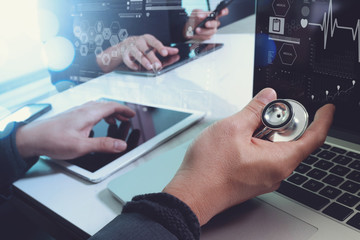 Medical technology network team meeting concept. Doctor hand wor