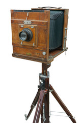 Old wooden camera isolated on white. Clipping path included.