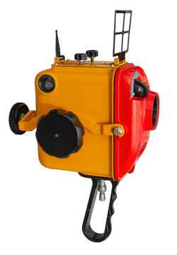 Old underwater box for 8 mm film movie camera isolated on white. Clipping path included.
