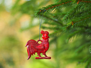 2017 - year red rooster, cock on the Christmas tree