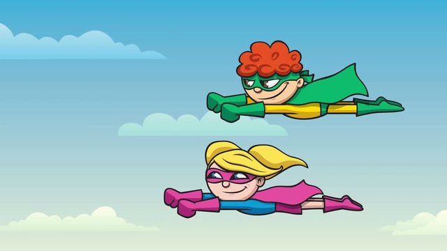 Super Kids Flying 2 / Looping animation of super boy and super girl flying. 
