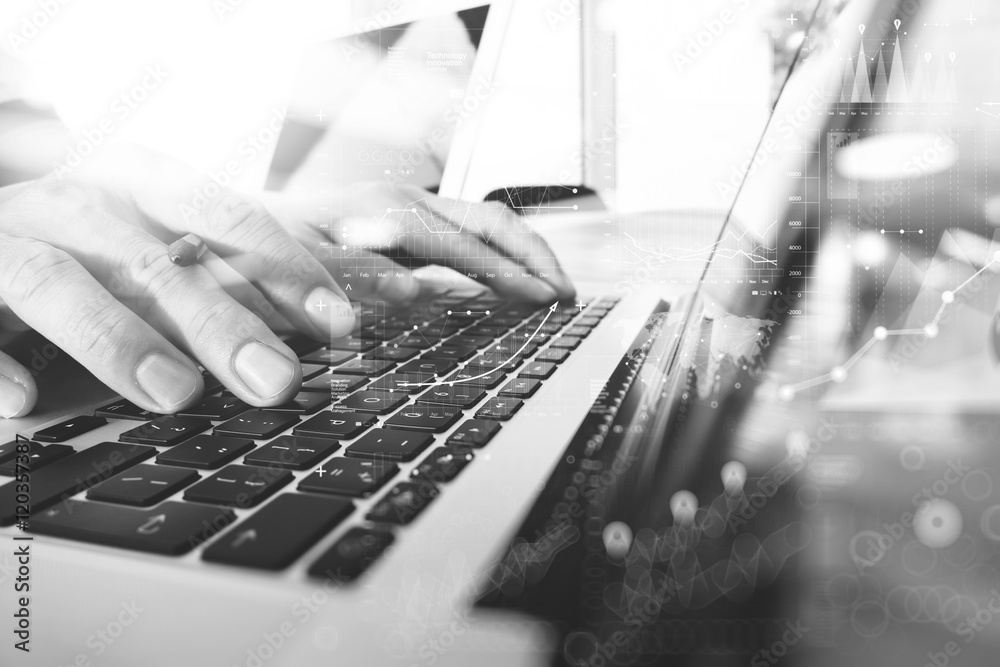 Poster Website designer working digital tablet and computer laptop with