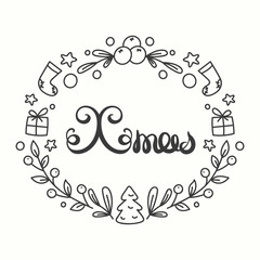 Xmas Card. Winter Holiday Typography. Handdrawn Lettering. Frame With Line Art Christmas Elements.