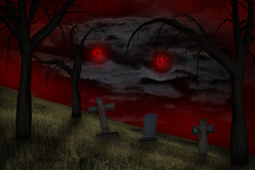 Spooky red eyes watching a graveyard landscape.