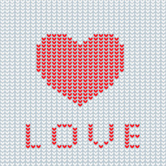 Knitting is love. Knitted heart symbol. Modern vector knitting pattern. Flat knitted heart for invitations, notes, messages, banners. Knitting design element for sites. Knitted heart.