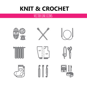 Modern vector line icons set of knitting and crochet elements - yarn, knitting needle, knitting hook, pin and others. Outline symbol collection.