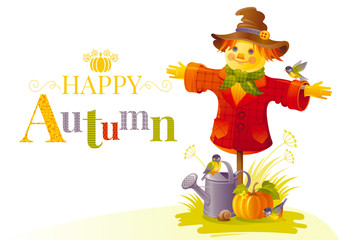 Autumn scarecrow vector illustration on white background with gardening elements - beautiful fall pumpkin vegetable, watering can, tit birds, snail. Seasonal natural concept template, text lettering