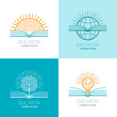 Set of vector education logo, icons, emblems design elements. Open book, sun, globe, tree and and light bulb linear symbol. Online training, courses, learning concept.