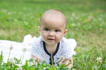 Baby girl crawling on the grass. Selective focus her eyes.