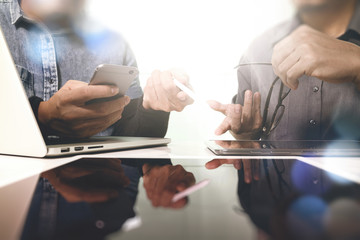 Team work concept,businessman hand attending video conference in