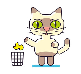 Cat character throwing garbage in the trash bin.