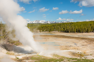 Steamboat geyser in Norris Basin in Yellowstone National Park with hot steam, vapor, blue hot springs and mountains