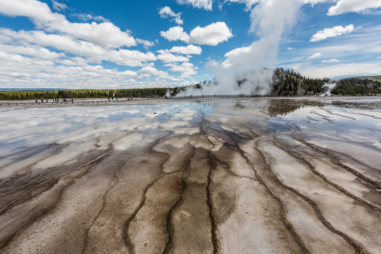Wide angle closeup of bacterial patterns in the Grand Prismatic Spring in the Midway Geyser Basin of Yellowstone National Park, Wyoming