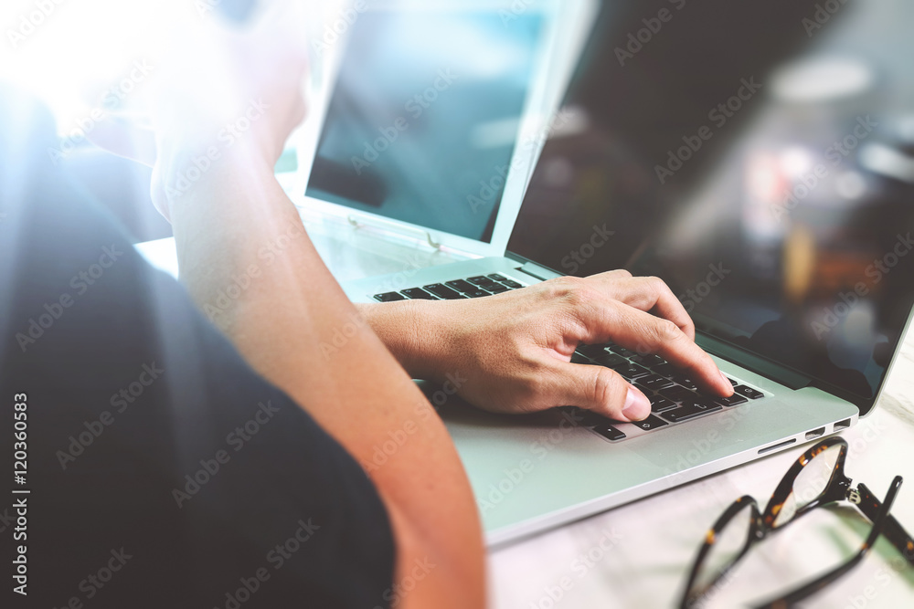 Poster Website designer working digital tablet and computer laptop with