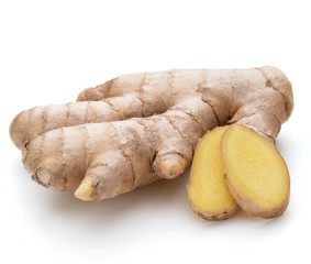Fresh ginger root or rhizome isolated on white background cutout