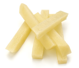 Raw Potato sliced strips prepared for French fries isolated on w
