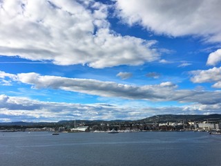 Oslo, the capital of Norway. Photo taken from the fjord in 