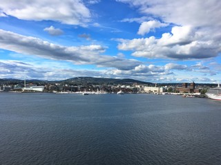 Fototapeta na wymiar Oslo, the capital of Norway. Photo taken from the fjord in 