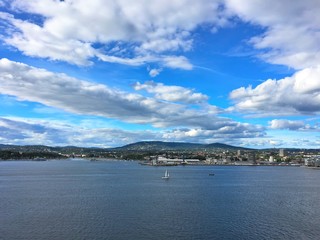 Fototapeta na wymiar Oslo, the capital of Norway. Photo taken from the fjord in 