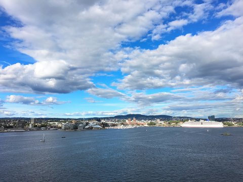Oslo, the capital of Norway. Photo taken from the fjord in northern direction. Areas on this picture: Tjuvholmen, Aker Brygge and Oslo city hall.