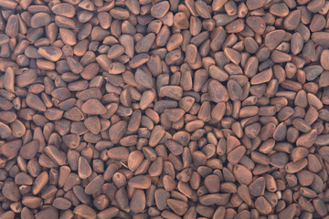 Raw organic pine nuts in shells food background